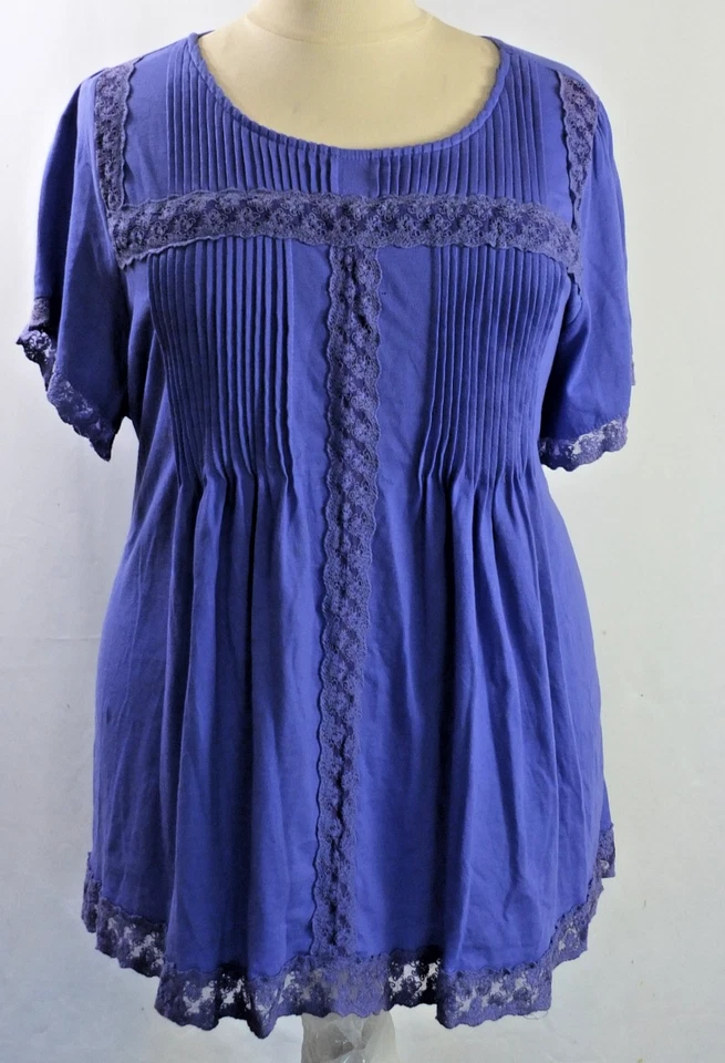 NUEVO Woman Within Dk. Top Babydoll Pintucks azul talla grande 2X mezcla de algodón encaje Foto 1 de 4