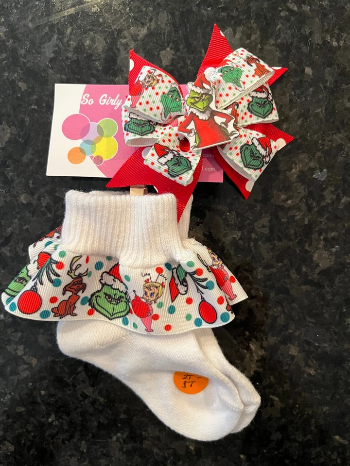 Juego de calcetines con moño y volantes Navidad GRINCH 2T - 3T NUEVO Foto 1 de 1