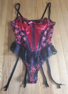 Vintage 90s Midnight Hour Red Satin Sheer Black Lace Garter Teddy Size S/M - Picture 1 of 10
