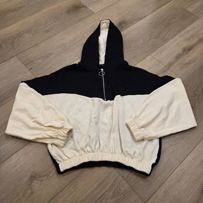 Sudadera Zara 1/4 Cremallera Crema/Negro Sudadera con Capucha Recortada Bloque de Color Talla M Foto 1 de 4