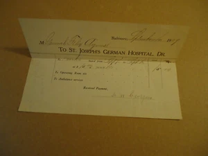 St Joseph's German Hospital 1909 BALTIMORE MD billhead - Picture 1 of 1