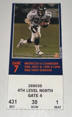Denver Broncos Chargers MILE HIGH Stadium NFL Ticket Stub Davis x2 TDs 11/8/1998 - Image 1 of 2