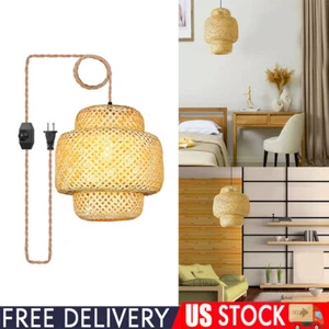 US Bamboo Lantern Pendant Light Rattan Hanging Lamp Rustic Wicker Chandelier - Picture 1 of 18