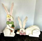 Easter/ Spring Set of 2 Wooden Bunny Rabbit w/Tin Ears Home Shelf Sitter Decor 