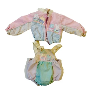 Vintage 80s Baby Girl Jacket Romper Set Pastel Train Animals Overalls Snap 6-9M - Picture 1 of 8