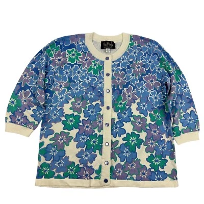 Bob Mackie Wearable Art Multicolor Floral Knit Cardigan Sweater Pearl Buttons M - Image 1 of 4