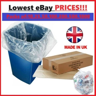 CLEAR Refuse Sacks Strong Polythene Bin Liners Waste Rubbish Bags18"x29"x39 - Image 1 of 4