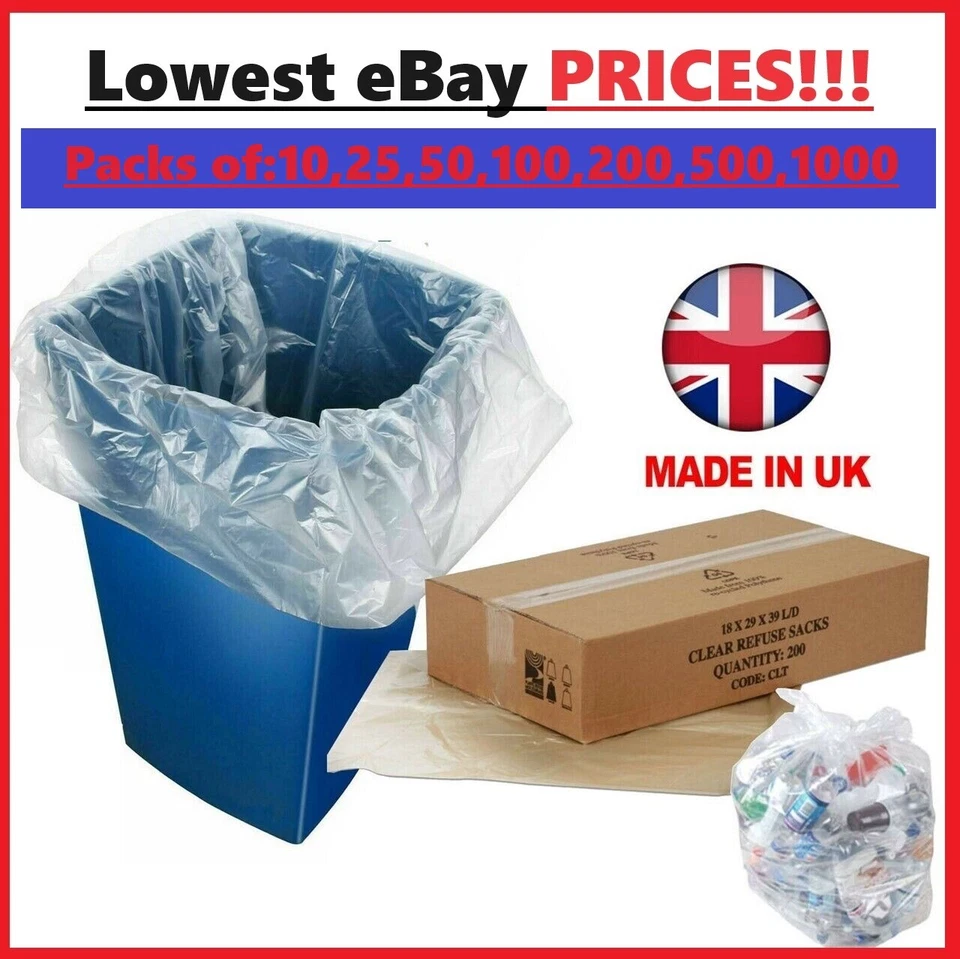 CLEAR Refuse Sacks Strong Polythene Bin Liners Waste Rubbish Bags18"x29"x39 - Image 1 of 4