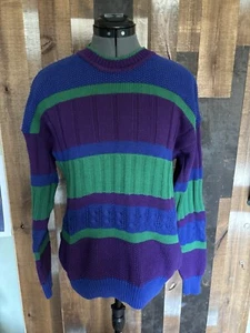 Vintage Colorblock Cotton Knit Sweater Blue Green Purple Crewneck Men’s Small - Picture 1 of 13