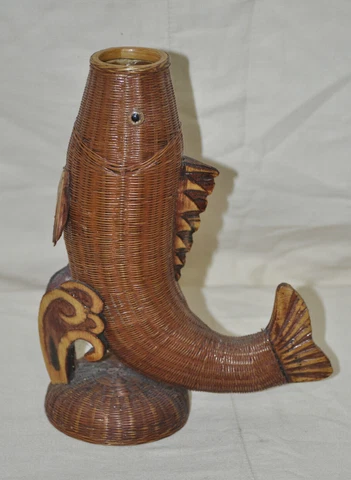 Vintage Shanghai Handicrafts Wood & Wicker Fish 8.5" Vase Planter MCM Cover