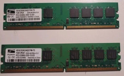 2GB- 2x1GB ProMOS V916764K24QCFW-F5  2RX8 DDR-2 667 MHz PC2 5300U-55 12 E0 RAM - Image 1 of 3