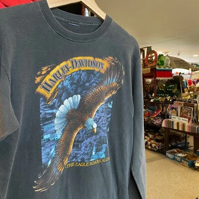 1980s Vintage HARLEY DAVIDSON 3D Emblem Long Sleeve T-Shirt Biker Motorcycle Tee Foto 1 de 4