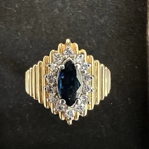 14K YELLOW + WHITE GOLD - BLUE SAPPHIRE (.79Ct) DIAMOND (.42Ct) RING / SIZE 7.5 - Picture 1 of 5