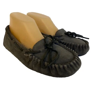 Minnetonka Leather Moccasins Slippers Womens 8 Gray House Shoes Faux Fur Lined - Image 1 of 4