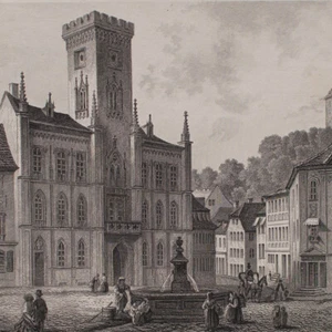 El ayuntamiento de Greiz Vista histórica según Ludwig Rohbock grabado en acero alrededor de 1860 - Imagen 1 de 4