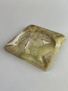 MCM Vintage Ashtray Green Onyx Stone Smooth Slanted Unique Yellow 6" x 6" - Picture 1 of 3