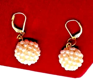 Vintage Pearl Ball Cluster Drop Earrings, 14K Gold Hooks, 16 mm. Long, 10 grams - Picture 1 of 10