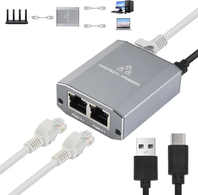 Switch Ethernet 2 Porte 1000Mbps Switch Di Rete LAN RJ45 1 a 2 Con Cavo USB C, S - Immagine 1 di 4