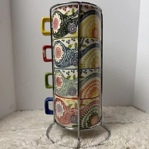 Pier 1 Set of 4 Stackable Cups Paisley Blue Green Red Yellow Metal Tray CHIP - Picture 1 of 8