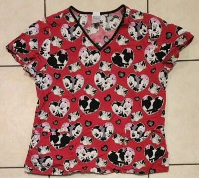 Disney Mickey and Minnie Mouse Kiss Me Womens Scrub Top Size Large L/G - Image 1 of 4