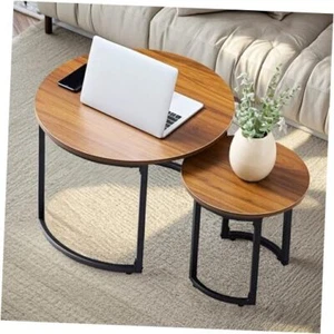 Nesting Coffee Table Set of 2, Wood Round Side Tables with Adjustable Non - Picture 1 of 8