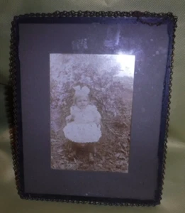 VINTAGE ANTIQUE METAL CHAIN GLASS FRAMED BLACK WHITE CHILD PIC PHOTO - Picture 1 of 6