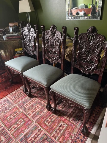 3 Victorian Renaissance Revival Heavy Wooden Side Chairs - Ornately Carved Cover