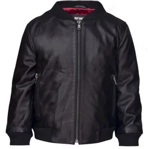 Boys GIrls Kids Unisex Real leather Bomber Style Jacket Varsity Zip Black Blue - Picture 1 of 2