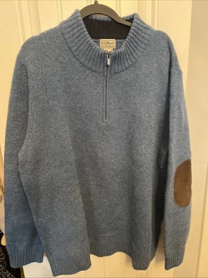 LL Bean Sweater Men XL Navy Blue Shetland Wool 1/4 Zip Pullover Cord Elbow Patch - Image 1 of 4
