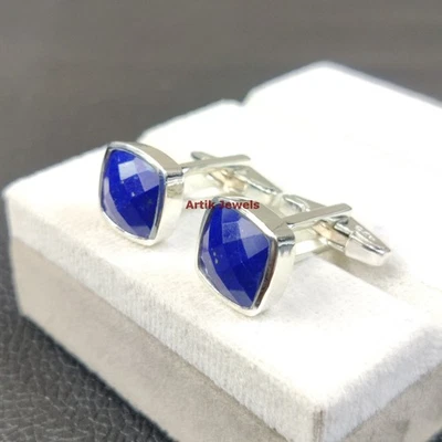Natürlich Lapis Lazuli Edelstein Mit 14K Weiss Gold Versilbert Manschettenknopf - Bild 1 von 4