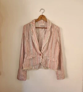 PER UNA Size 12 100% Linen Button Up Blazer Jacket Striped Boho Ruffle M&S Hippy - Picture 1 of 15