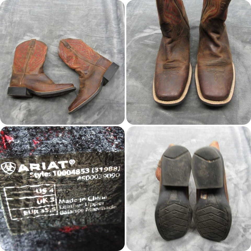 Ariat Western Boot Juvenil 4 Cuero Marrón Puntera Cuadrada Bordado Dibujo Rápido Vaquero Foto 1 de 4