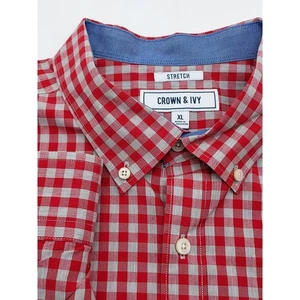 Crown & Ivy Herren XL rot grau Gingham Stretch Langarm Button Down Hemd - Bild 1 von 6