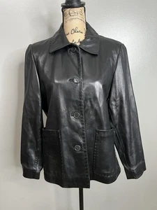 Elegante chaqueta de cuero negra Ellen Tracy talla pequeña vanguardista rockera clásica  - Imagen 1 de 8