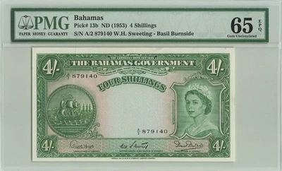 BAHAMAS 4 Shillings 1953 (1954), P-13b, PMG 65 EPQ Gem UNC, Sign: Burnside, QEII - Image 1 of 2