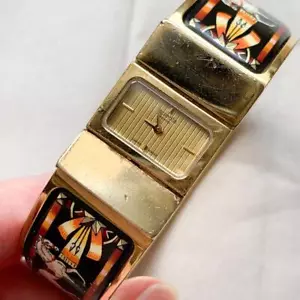 HERMES Ladies Used Watch Quartz Roke Bangle Gold Face Dial Cloisonne black belt - Picture 1 of 3