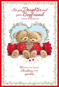 "Tarjeta de Navidad de hija y novio - osos con brillo sombreros de Santa en columpio 9x6" - Imagen 1 de 3