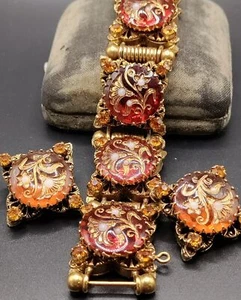 Vintage Incised Glass With Pearl Inserts Bracelet & Earrings - Picture 1 of 15