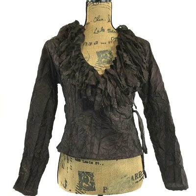 NELLI Janice Jaraicie Wrap Top SMALL Wool Bl Brown Fringe Blouse Unique Sexy - Image 1 of 4