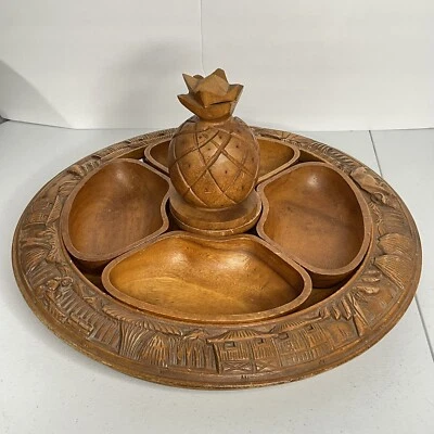 VTG Teak Tiki Tray Lazy Susan Pineapple Hand Carved Monkey Pod Wood Bottom Part - Image 1 of 4