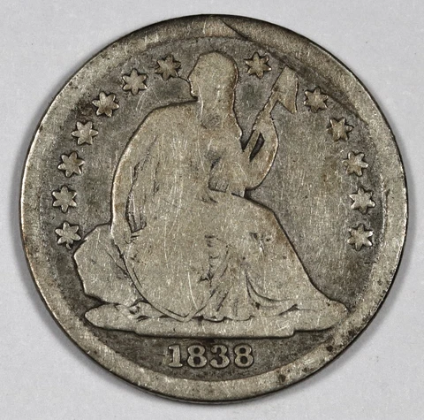 1838 Seated Liberty Dime.  LARGE Stars.  VG Obverse.  AG Reverse.  187129 Cover