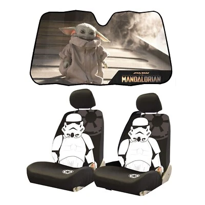 New Star Wars Baby Yoda Storm Trooper Car 2 Front Seat Covers & Sunshade Set - Image 1 of 4