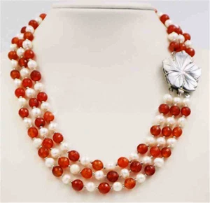 3 Rows 7-8mm Real Pearls & 8mm Agate/Jade Gems Beads Shell Flower Clasp Necklace - Picture 1 of 17