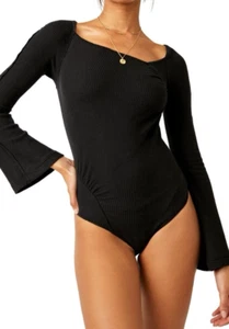 Free People On a Cloud Long Sleeve Bodysuit in Black, Size Medium, New - Picture 1 of 12