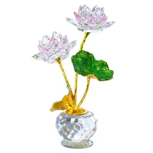 Pink Crystal Lotus Flower Figurine Glass Art Decor Feng Shui Gift for Women - Picture 1 of 6
