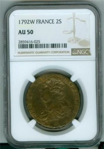FRANCE 1792 W 2 SOLS LOUIS XVI NGC AU-50 - Picture 1 of 2