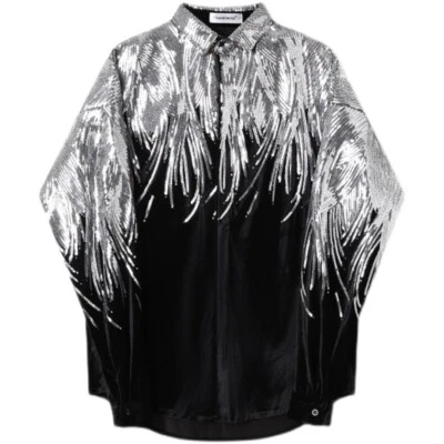 Men Sparkle Velvet Shirt Shiny Sequin Wing Casual Loose Stage Costume Party Soft - Image 1 of 4