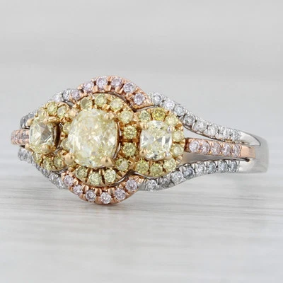 1.05ctw Yellow White Diamond Halo Ring 18k White Rose Gold Engagement Bridal - Image 1 of 4