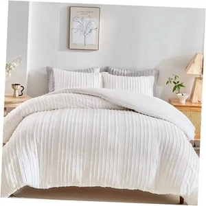 Juego de funda nórdica boho tamaño, juego de cama acolchada texturizada a rayas, 3 queen blanco - Imagen 1 de 7