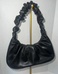 Borsa Trendy Manico Rugoso Morbida Retrò Rotonda Spalla Scrunch Rouched Borsa Nera - Foto 1 di 4
